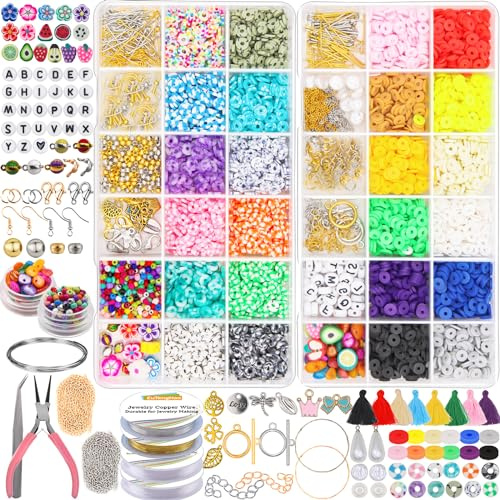 EuTengHao Clay Beads Armband Making Kit 6mm Polymer Clay Perlen für Schmuck machen Freundschaftsarmband Heishi Perlen mit Charms Letter Beads Geschenk