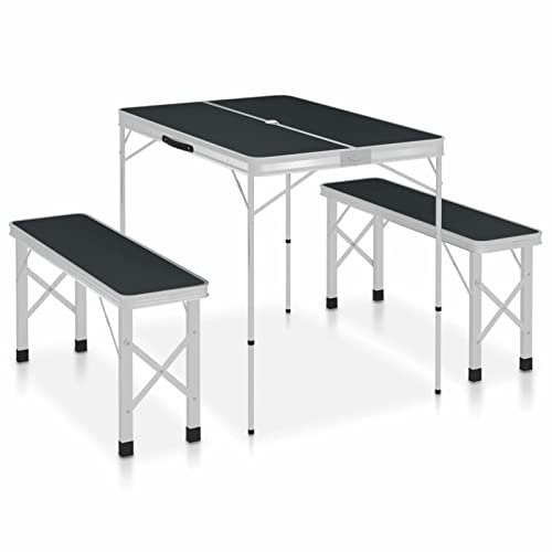 Homgoday Klappbarer Campingtisch mit 2 Bänken aus grauem Aluminium, Gartenbank, Bank für Balkon, Terrasse & Garten