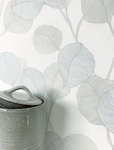 Newroom Carta da Parati Bianca a Foglie Scandinava per Soggiorno | struttura in lino fine, foglie a contorno, tonalità grigio argento, carta da parati floreale, camera da letto, corridoio