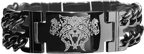 bahamut Mens Viking Odin Gungnir Stainless Steel Cool Cuban Chain Link Bracelet for Men,Norse Cuff Wristband Jewelry (Black Fenrir Wolf)