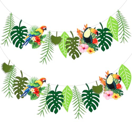 HONMOK 3 Stück Tropische Blätter Banner Girlande Dschungel Party Deko Filz Grüne Palmblätter Banner mit Tropische Vögel für Sommer Luau Aloha Hawaiian Party Dschungel Mottoparty Dekoration