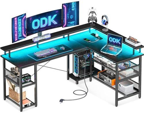 ODK Gaming Tisch mit LED, Reversibel Gaming Schreibtisch mit 2 Steckdosen & 2 USB-Ladeanschlüssen, Eckschreibtisch Groß mit Netzablage, Schwarz 168×120cm