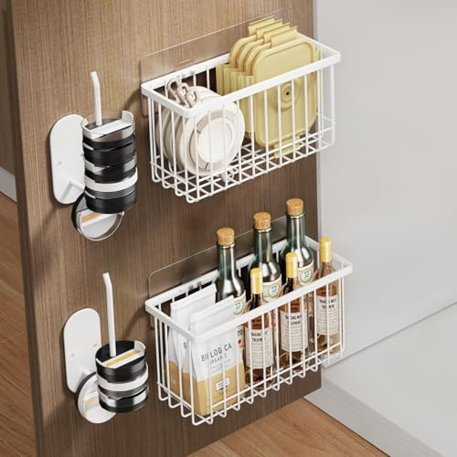 Mustorn 4 Stück Küchenschranktür-Aufbewahrungsbox, Schrank Organizer Küche Selbstklebende Schranktür Organizer Wandmontierte Küchenschrank Organizer für Schrank Küchenaufbewahrung(Weiß)