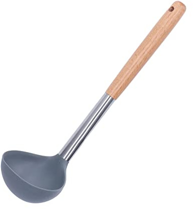 Silicone Soup Ladle, Nonstick Soft Wooden Handle Ladel Spoon for Serving Sauces, Lightweight Sturdy, with Hanging Hole