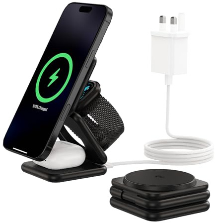 KU XIU X40Q Chargeur à Induction sans Fil 3-en-1 Pliable (Qi2 Certifié), Station de Charge 15W Rapide pour iPhone 16/15/14/13/12, 5W pour Apple Watch 10/9/8/7/Ultra/SE et AirPods 4/3/2 Pro - Noir