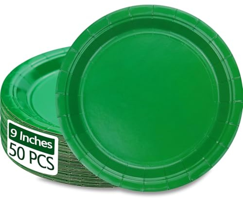 PTECDROTS 50 Stück grüne Pappteller – 22,9 cm dunkelgrüne Einwegteller, runde Speiseteller für den täglichen Gebrauch, Urlaub, Picknick, Feiern, Geburtstag, Weihnachten, Partyzubehör