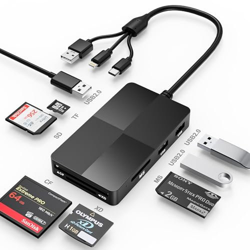 8 in 1 Memory Stick Pro Duo Adapter Reader, SD/MS/TF/CF/XD Card Reader with 3 USB 2.0 Ports, Lightning+USB A+USB C, Multi Memory Card Reader Support OTG, Fast Data Transfer, MS Card Reader Adapter