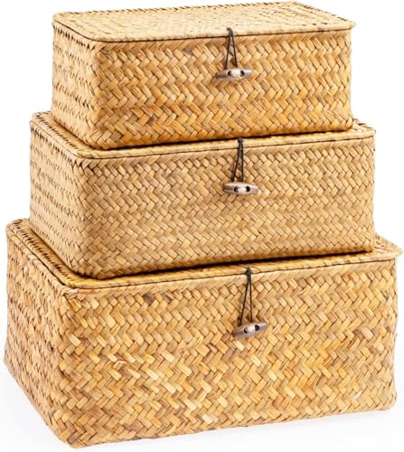 Set of 3 Wicker Storage Basket with Lid, Handwoven Seagrass Storage Bins, Rectangular Household Basket Boxes for Shelf Wardrobe Home Organizer