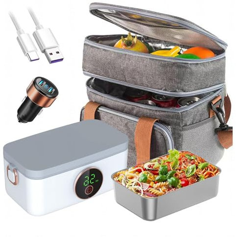 LFLIFENG Fiambrera Electrica Coche Recargable E Inalámbrico, Tartera Electrica Comida Trabajo Portátil Y con Batería De 16000 mAh, Fiambreras Comida Trabajo