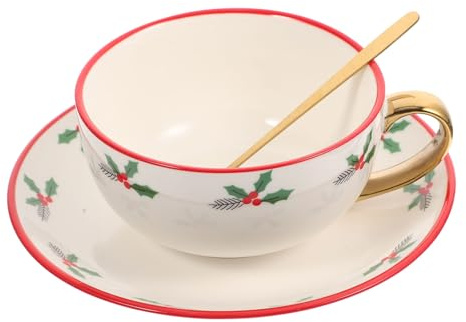 ABOOFAN Christmas Tea Cups Set Ceramic Coffee Tea Cups with Saucer and Golden Spoon for Home Office Party Xmas Present