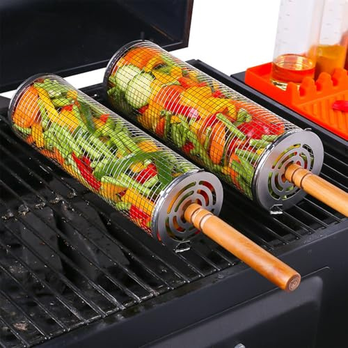 2 st rullande grillkorgar, grilltillbehör med trähandtag, gafflar och krokar, 304 rostfritt stål, utomhuscamping, grönsaker, räkor (2 x rund)