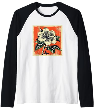Vintage Japanese Azalea Tsutsuji Flowers Retro Japan Floral Raglan Baseball Tee