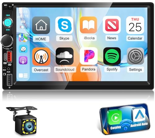Techschermo Double Din Car Stereo with Wireless Carplay and Android Auto - 7 Inch Touchscreen Bluetooth Car Radio - Online Video/Mirror Link/EQ Audio/FM/Color Key Light + 12leds Backup Camera
