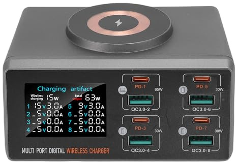 Elprico Chargeur USB, Station de Chargement USB Multiple avec 4 Charges USB C PD 3,0,4 USB, Chargeur sans Fil, écran LCD HUB Fast CHARGET, Charge sans Fil Magnétique (Prise UE)