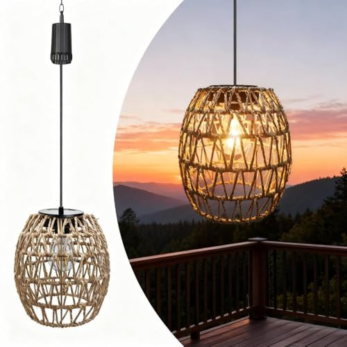 Batteriebetriebene Rattan Pendelleuchte Outdoor Hängelampe Laterne | 6 Stunden Timer, Edison Glühbirne, IP44 Wasserdicht, Ohne Kabel, Dekorative Beleuchtung, Wohnzimmer, Balkon, Terrasse, Garten