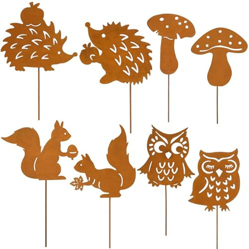 DragonX2 8er Rost Gartenstecker für Herbstdeko Draußen, 25cm Rostoptik Gartendeko, Rost Gartenstecker für Herbstdeko Mit Igel Eule Pilze Eichhörnchen, für Innen Blumentopf Terrasse,Geschenk Erntedank