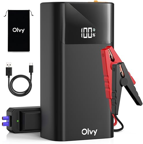 Olvy Démarreur de Batterie & Power Bank 2-en-1 – 1500A de Pointe, Booster de Batterie Voiture 12V Portable avec Pinces Intelligentes, Lampe de Poche LED, Sortie USB/Type-C, pour Voitures, Camions, Mot