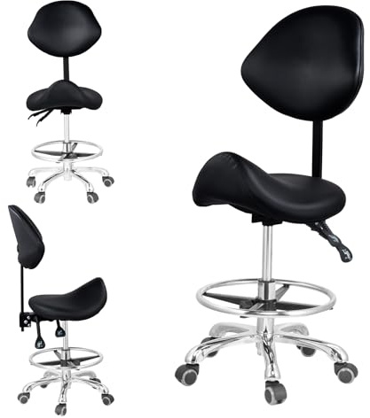 Sgabello Ergonomico Con Schienale E Poggiapiedi, Sgabello Con Rotelle, Sgabellos Da Lavoro, Sgabellos Da Ufficio, Sedia Girevole, Altezza Regolabile 48-58 Cm Per Ufficio, Salone, Massaggi, Spa