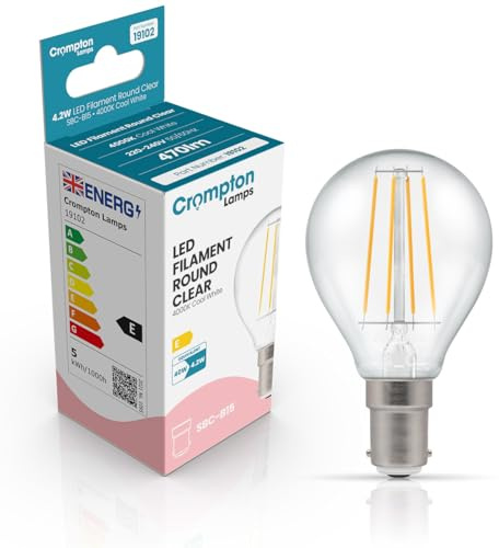 Crompton Lamps Filament Golfball LED Light Bulb SBC-B15d | 4.2W = 40W Equivalent | Cool White 4000K | Energy Efficient | Small Bayonet Lightbulb | Long Life 15,000-Hrs | Clear Glass | Dimmable