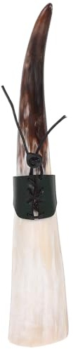Housoutil Taza de Cuerno de Buey Natural Grande 38-44 CM con Funda de Cuero Negro Vaso Artesanal para Vino y Cerveza Decoración Rústica para Eventos y Uso Diario