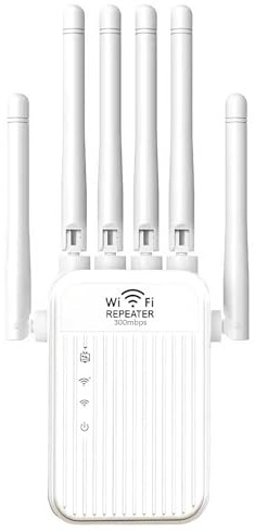 Repetidor WiFi,Amplificador señal WiFi,Potente Amplificador WiFi 6 Antenas,2 Puertos LAN,Cobertura de hasta 11800m³,Modos Repetidor/Router/Ap,Adecuada para Oficinas y Hogares,Fácil Instalación