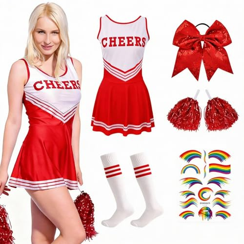 yolzhxe Cheerleader Kostüm, Cheerleader Kostüm Mädchen Weich, Weich Cheerleading Outfit mit Pompons, Socken und Haargummi Geeignet für Rollenspiele, Basketballspiele und Halloween
