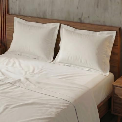VOUCLER Harmony – Pack 4 Juego de Sabanas Saten – Sabana Bajera 155 x 200 x 40 cm + Sabana Encimera 240 x 280 cm + 2 Fundas Almohadas 50 x 80 cm – 100% Algodon 300 Hilos Oeko-Tex® – Bordado Blanco