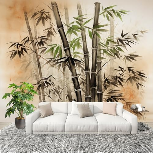 Genérico Papel Pintado Panorámico 300x210 cm Bosque De Bambú Pintura En Tinta Personalizable Fotomurales No Tejido Póster Pared Decoración MarróN 3D Duradero y Resistente a las manchas Fotomurales