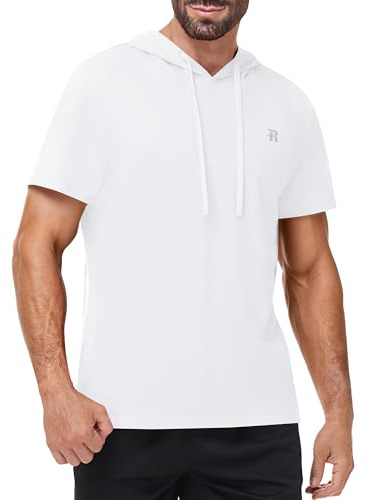 Runhit Herren Gym Shirt mit Kapuze, Kurzarm Hoodie aus 100% Baumwolle, Atmungsaktives Sport T-Shirt Leichte Laufshirt Sommer Muskelshirt für Fitness Training Running & Freizeit Weiß XL