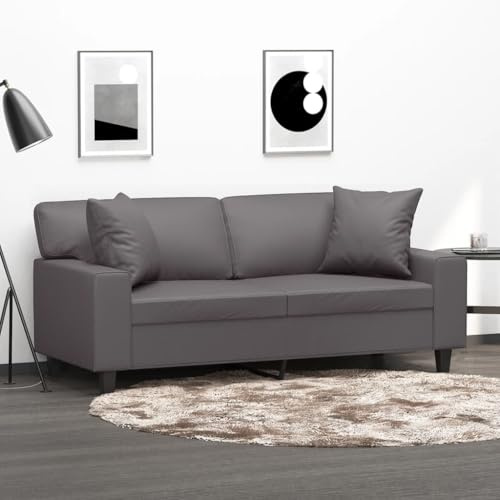 sephironlbb 2-Sitzer-Sofa mit Zierkissen Grau Kunstleder 140 cm Sitzbreite Metallgestell Wohnzimmer Couch Polstergarnitur komfortabel modern mit Schaumstoffpolsterung und dekorativen Kissen