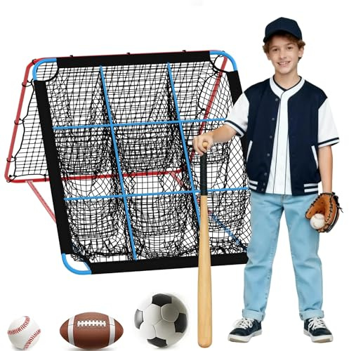 Verstellbarer Baseball Rebounder, Multifunktionales Trainingsnetz mit 9-Loch-Ziel, für Baseball, Softball, Fußball, Volleyball, klappbarer Wurftrainer für Garten, Park, Sportplatz