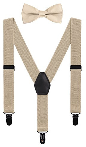 Baby barn hängslen fluga set för 1-5 år pojkar flickor 3 svarta klämmor Y-rygg 2,5 cm elastiska hängslen för barn småbarn, BEIgE, 1-5 År