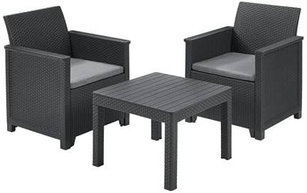 Keter Salottino da Giardino Emma Balcony, Composto da Due Poltrone e Tavolino, Finitura Effetto Rattan, Ideale per Balcone, Terrazzo e Patio, Grafite