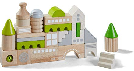 HABA 305456 - Bausteine Coburg, 28-teiliges Baustein-Set zum Bauen von Stadtkulissen, Holzbausteine in unterschiedlichen Formen und Farben, Spielzeug ab 18 Monaten