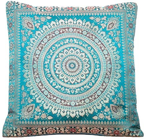 Ruwado Handgefertigt Türkis-Grün Dekokissen aus Indische Banarasi Seide - 40 cm x 40 cm | 16 x 16 Zoll. ***Handgewebt und handgenäht von Kunsthandwerkern aus Kaschmir-Indien (1. Türkis-Grün)
