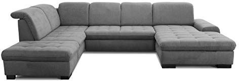 CAVADORE Wohnlandschaft Lexi / Große U-Form mit XXL-Longchair rechts und Kopfteilverstellung / Leichte Fleckenentfernung dank Soft Clean / 329 x 82-99 x 224 / Flachgewebe: Grau