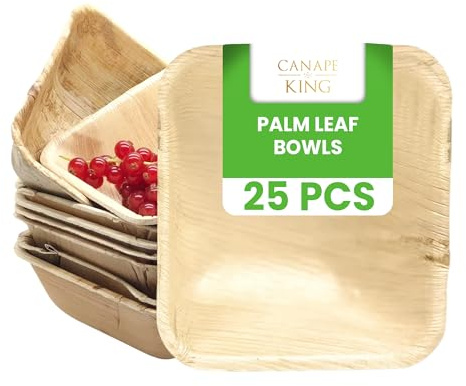 Canape King Palm Leaf Square Bowls - Food Serving Dinner Bowls 100% Natural Disposable Bowls - Suitable for Christmas BBQ Picnic Party (25, 14cm)