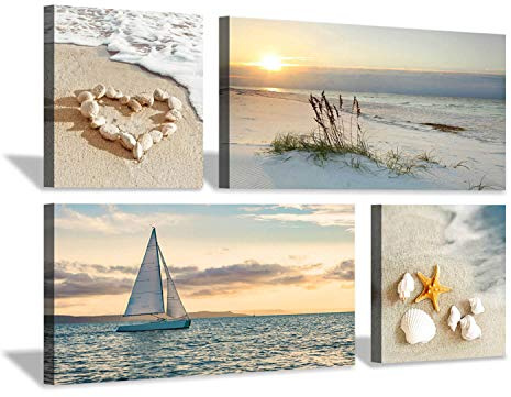 Hardy Gallery Beach Picture Sunset Canvas Art: Seascape Painting with Sailboat & Coastal Conch Artwork Wall Art for Bedroom (32'' x 16'' x 2 Panels + 16'' x 16'' x 2 Panels)