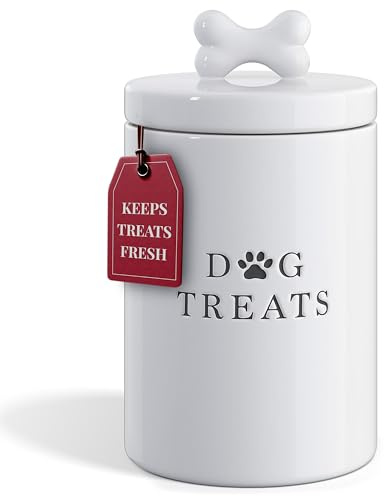 Barnyard Designs Large Dog Treat Container Airtight with Lid, Cute Rustic Ceramic Dog Treat Storage Jar for Kitchen Counter (White)