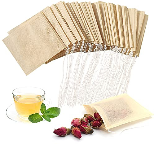 SumDirect Disposable Tea Filter Bags - 7x8cm Small Empty Paper Unbleached Biodegradable Pouches with Drawstring for Loose Tea, Coffee Grounds, DIY Herbal Tea Bags (Original Color, 100PCS)