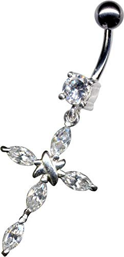 PIERCINGO® Jesus Christus Kreuz Gott christlich Weiß Bauchnabel-piercing ECHT-SILBER 925 ZIRKONIA-KRISTALL Titan G23 Titanium Bauchnabel Banane Barbell Bauch-Stecker Nabel-piercing 1.6 x 10mm