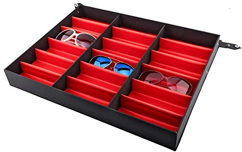 Estink Sunglasses Organizer, 18 Grid Eyewear Storage Case with Red Base Black Lid, Jewelry Display Box for Glasses Collection, 47x37x6.1cm