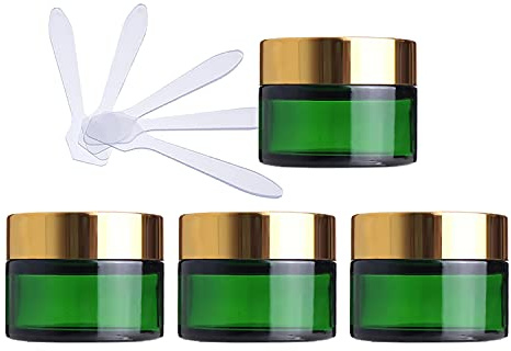 ZEOABSY 4 Stück Leere Grün Glas Cremedose 30ml mit Gold Schraubdeckel, Grünglas Schraubdose Glas-Tiegel Glas-Dose Salbentiegel Kosmetik-Dose für Gels Cremes + 4X Spatel