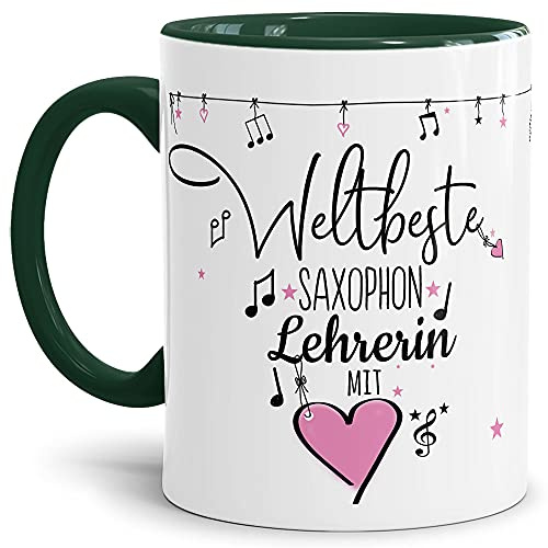 Berufe Tasse - Weltbeste Saxophon Lehrerin - Geschenk für die weltbeste Musiklehrerin, Musikunterricht, Lehrerin - Keramik Innen & Henkel Dunkelgrün, 300 ml I Saxophon