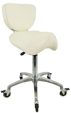VAKON SALON - Premium Sattelhocker weiß mit Bremse und Lehne, Sattelstuhl für Rückenentlastung, Rollhocker höhenverstellbar von 55-75 cm, Praxishocker, Bürohocker
