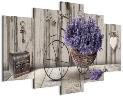 murando Quadro Fiori 150x75 cm 5 pezzi Stampa su tela XXL Immagini moderni Murale Fotografia Grafica Decorazione da parete Lavanda Legno Cuore Bicicletta b-C-0644-b-m