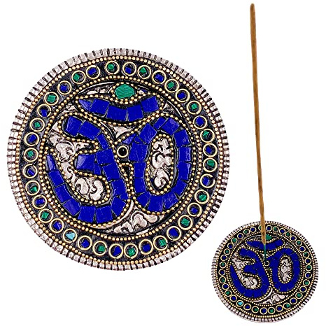 Quemador de Incienso (incensario). Incienso Soporte Redondo de Aluminio con Inserciones. Diseño Om Azul Marino. Hecho a Mano en India. (Azul Marino)