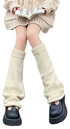 Xeadoffubio Damen-Beinwärmer, gestrickt, kniehoch, adretten Stil, gerippte Beinstulpen für Teenager, Mädchen, rosa Beinstulpen, beige, One size