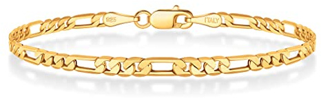 BRIJEWNES Figaro Chain Bracelet for Men & Women 3mm 18K Gold Plated Chain Bracelet 6.5 Inches, 925 Sterling Silver Clasp Durable, Unisex Jewelry Gift for Him or Her