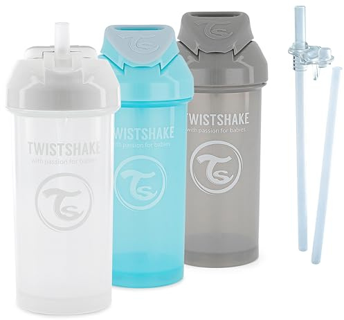 Twistshake Baby Training Sippy Cup Set - 4 Delar | 3 x Sippy Cup med Sugrör - 2 x Sugrör - 1 x halmkopp Läckagetät Tätning | Läckagesäkra Nappvattenflaskor | BPA-fri | 6+ Månader | Grå Blå